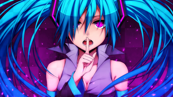 Обои на рабочий стол Vocaloid Hatsune Miku / Вокалоид Хацунэ Мику приложила указательный палец к губам