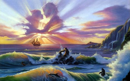 Обои на рабочий стол Море любви в облаках освещают лучи заходящего солнца, by Jim Warren