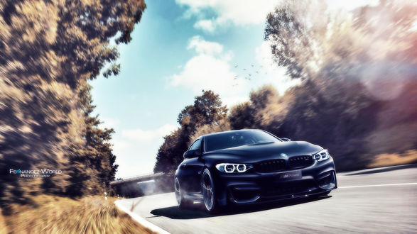 Обои на рабочий стол BMW суперкар едет по дороге вдоль леса, by Fernandez World