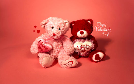 Обои на рабочий стол Два плюшевых медвежонка на розовом фоне (Happy Valentines Day!)