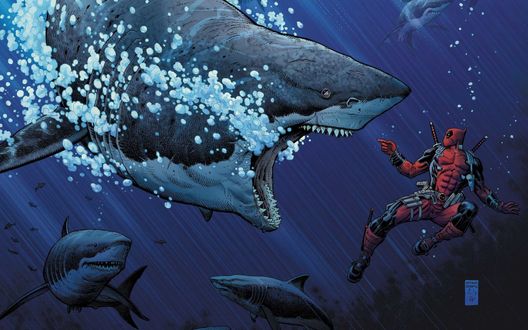 Обои на рабочий стол Супергерой Дэдпул / Deadpool против акул, by Archtur Adams