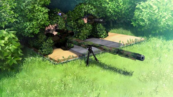 Обои на рабочий стол Yuuji Kazami и Makina Irisu сидят в засаде со снайперской винтовкой из аниме Плод Грисайи / Grisaia no Kajitsu, art by Fumio