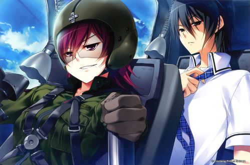 Обои на рабочий стол Yuuji Kazami и Mariera Stanfield сидят в кабине вертолета из аниме Плод Грисайи / Grisaia no Kajitsu, art by Karuna Kanzaki