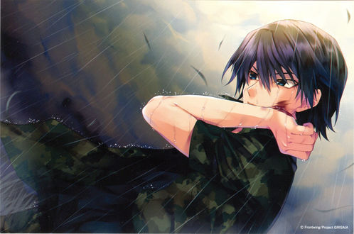 Обои на рабочий стол Раненный Yuuji Kazami стоит под дождем из аниме Плод Грисайи / Grisaia no Kajitsu, art by Karuna Kanzaki