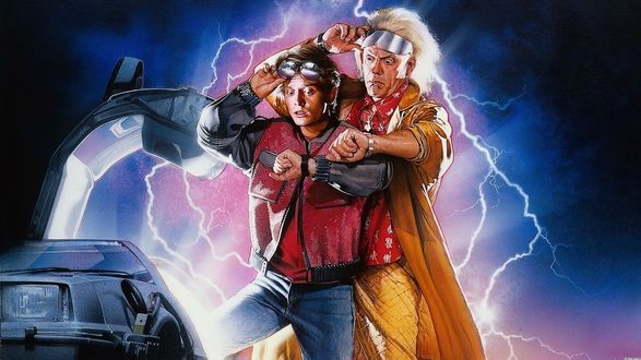 Обои на рабочий стол Арт к кинофильму Назад в Будущее / Back to the Future, где главные герои Марти и профессор Эмметт смотрят на часы