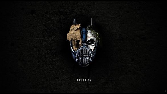 Обои на рабочий стол Три злодея из фильмов про Бэтмена / Batman в одном: Joker / Джокер, Baine / Бейн и Scarecrow / Пугало (Trilogy)