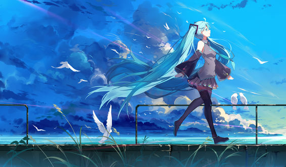Обои на рабочий стол Vocaloid Hatsune Miku / Хатсунэ Мику идет по набережной, в небе летают чайки, art by haraguroi you