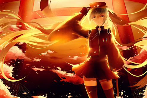 Обои на рабочий стол Vocaloid Hatsune Miku / Вокалоид Хатсуне Мику в военной форме, art by Lococo-p