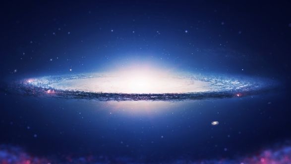 Обои на рабочий стол Спиральная сине-розовая с белым свечением галактика