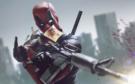 Обои на рабочий стол Герой комиксов Дедпул / Deadpool с оружием в руках