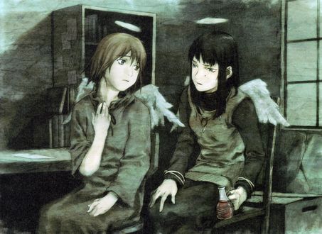 Обои на рабочий стол Rakka и Reki сидят в комнате из аниме Haibine Renmei / Союз Серокрылых, art by Yoshitoshi Abe