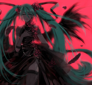 Обои на рабочий стол Vocaloid Hatsune Miku / Вокалоид Хатсуне Мику в черном платье с крыльями