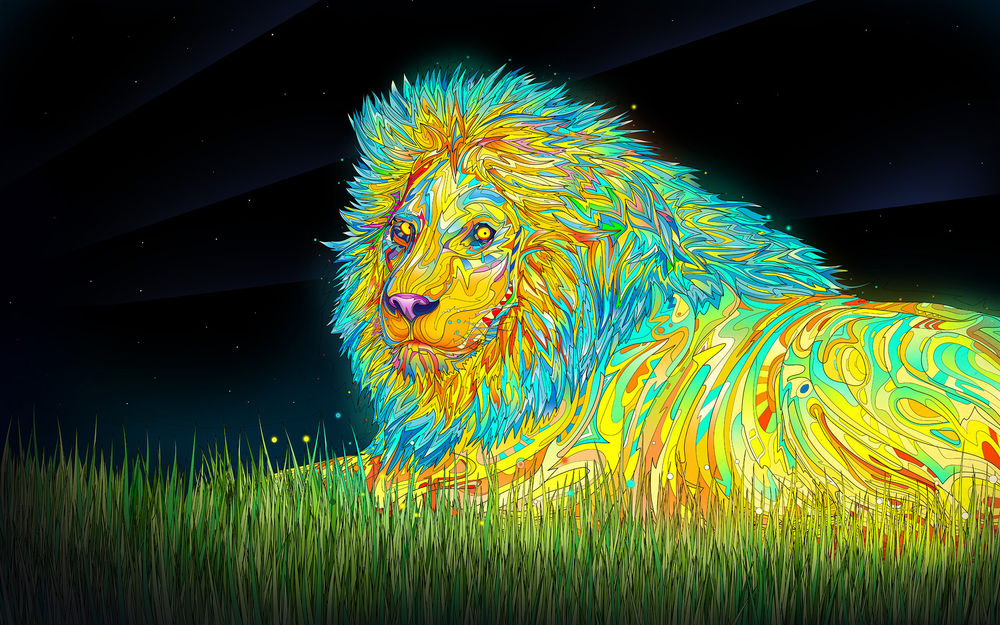 Обои для рабочего стола Абстрактное изображение льва, лежащего на траве, под звездным небом