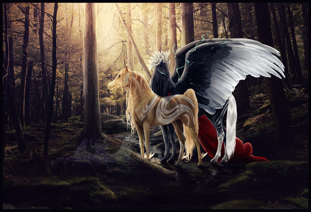 Обои для рабочего стола Красивая влюбленная пара лошадей стоит в лесу, by Nikkayla