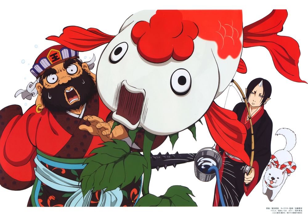 Обои для рабочего стола Хозуки / Hoozuki с Enma Daiou ловят рыбу из аниме Хладнокровный Хозуки / Hoozuki no Reitetsu, art by Natsumi Eguchi