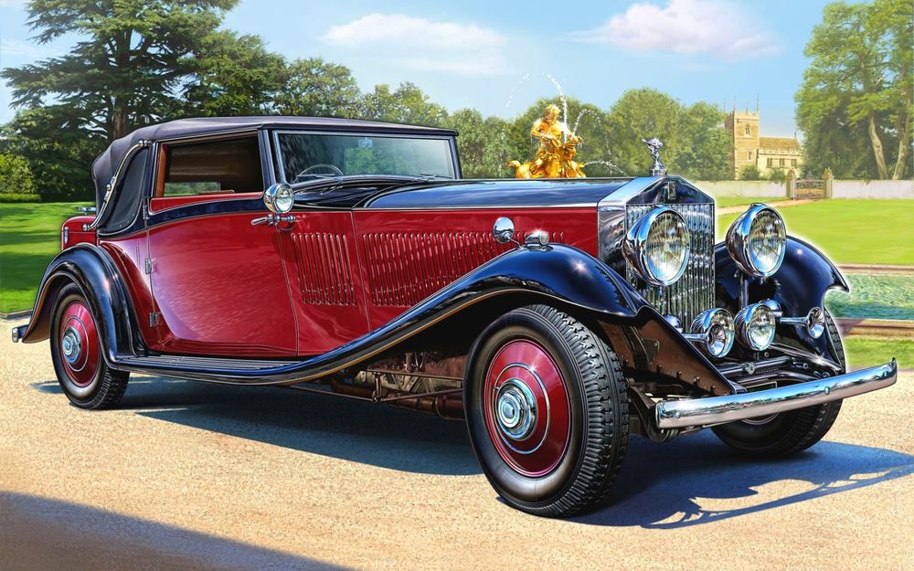 Обои для рабочего стола Автомобиль Phantom ii, Rolls-Royce, continental, уникальный, 1934г, всепогодный бордовый на дорожке роскошного парка