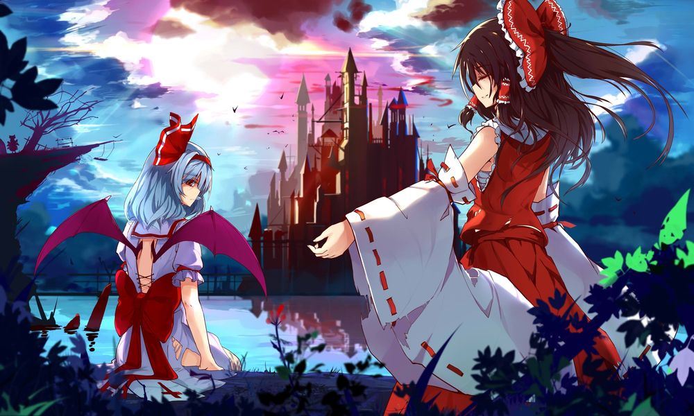 Обои для рабочего стола Remilia Scarlet / Ремилия Скарлет и Hakurei Reimu / Рейму Хакурей ночью на берегу озера перед замком из серии компьютерных игр Тохо / Touhou Project