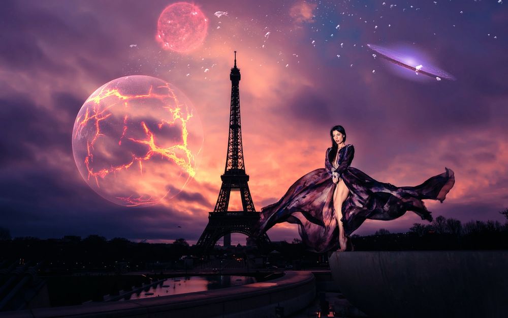 Обои для рабочего стола Девушка в длинном платье стоит на каменном выступе на фоне Эйфелевой башни и планет в небе