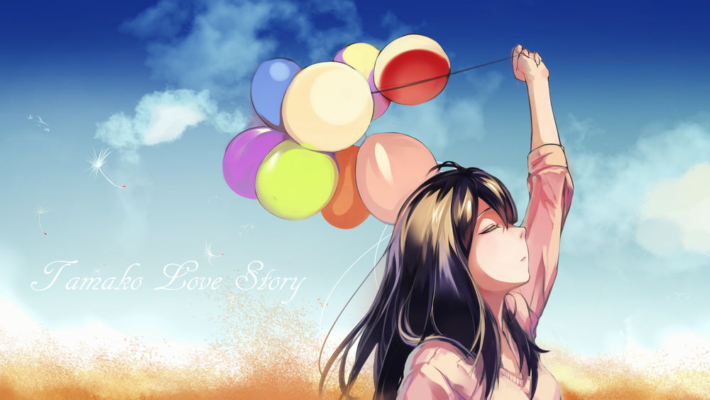 Обои для рабочего стола Девушка держит в руке разноцветные шарики на фоне неба (Tamako love story)
