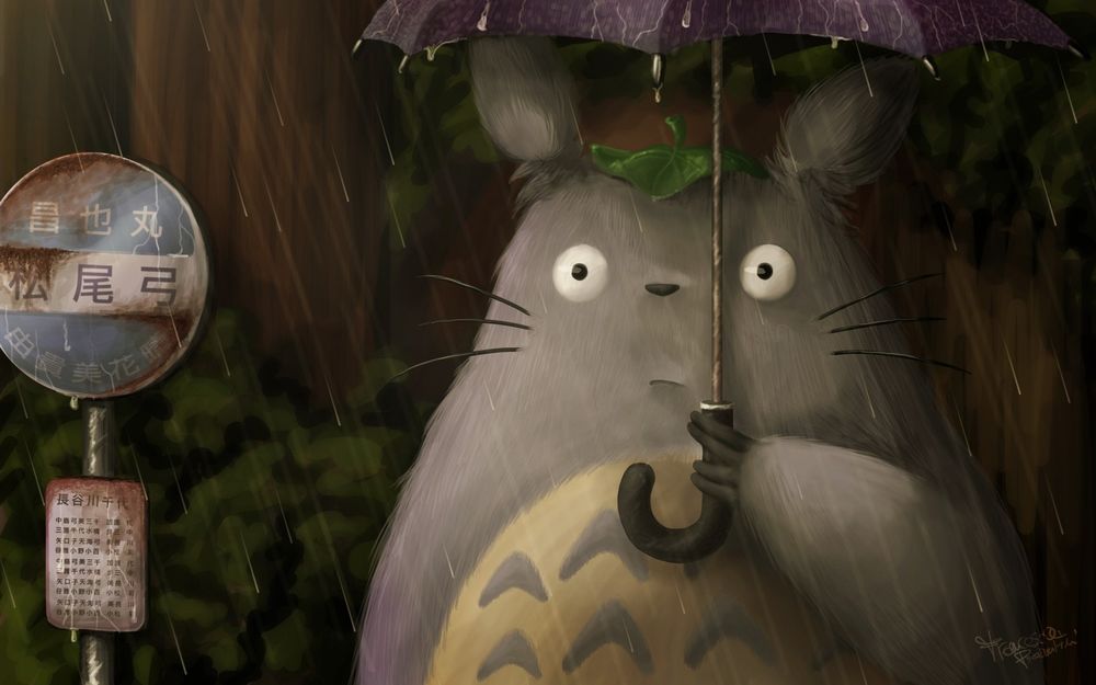 Обои для рабочего стола Тоторо / Totoro с зонтом стоит под дождем персонаж из аниме Мой сосед Тоторо / Tonari no Totoro