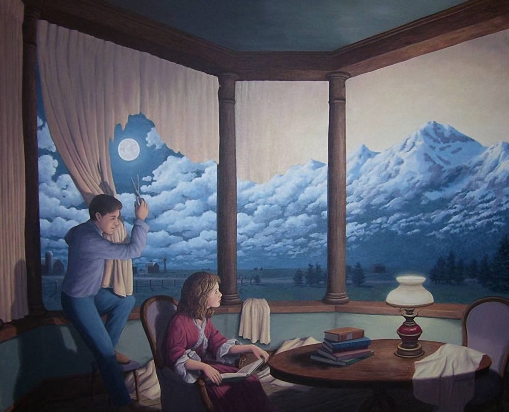 Обои для рабочего стола Парень с девушкой сидят в комнате, за окном которой облака над горами
