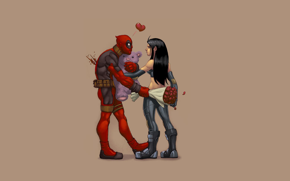 Обои для рабочего стола Герой комиксов Дедпул / Deadpool ухаживает за девушкой, собираясь подарить ей плюшевого медвежонка и цветы, но получает удар ножом