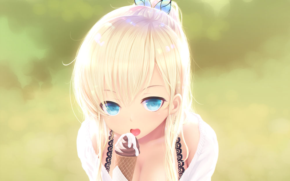 Обои для рабочего стола Сэна Касивадзаки / Sena Kashiwazaki ест мороженное, персонаж из аниме У меня мало друзей / Boku wa Tomodachi ga Sukunai, art by Cait