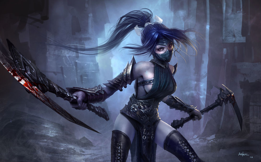 Обои для рабочего стола Akali / Акали с окровавленными парными косами в руках, персонаж из компьютерной игры League of Legends / Лига Легенд, art by kekse