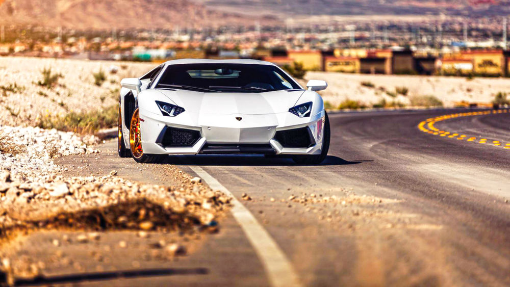 Обои для рабочего стола Lamborghini белого цвета стоит на обочине дороги