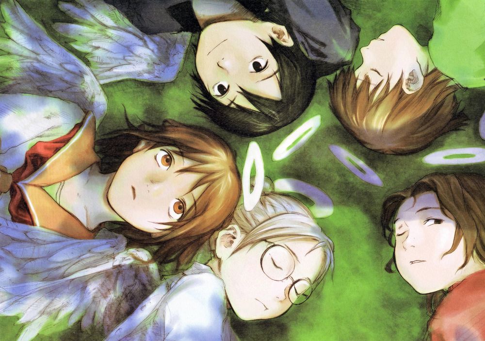 Обои для рабочего стола Rakka, Nemu, Hikari, Kuu и Reki лежат на траве из аниме Haibine Renmei / Союз Серокрылых, art by Yoshitoshi Abe