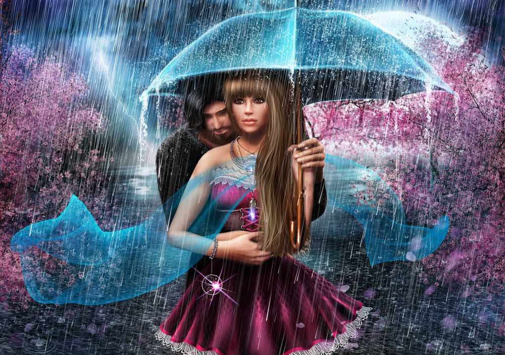 Обои для рабочего стола Девушка с парнем под зонтом во время дождя, by AlenaEkaterinburg