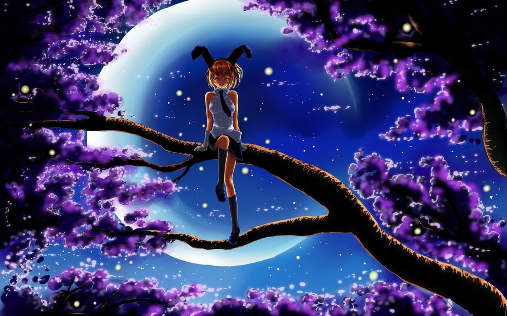 Обои для рабочего стола Девушка в школьной форме сидит ночью на ветке дерева на фоне огромной луны, аниме Фаза Луны / Tsukuyomi: Moon Phase