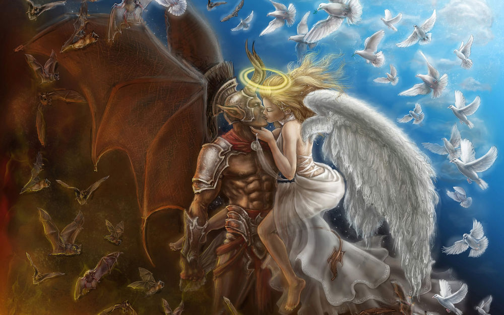 Обои для рабочего стола Девушка ангел страстно целует мужчину в облике демона, вокруг летают голуби и летучие мыши