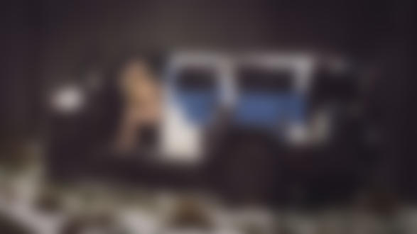 Обои для рабочего стола Длинноволосая блондинка со стройной фигурой и красивой грудью сидит на сиденье мощного внедорожника в лесу