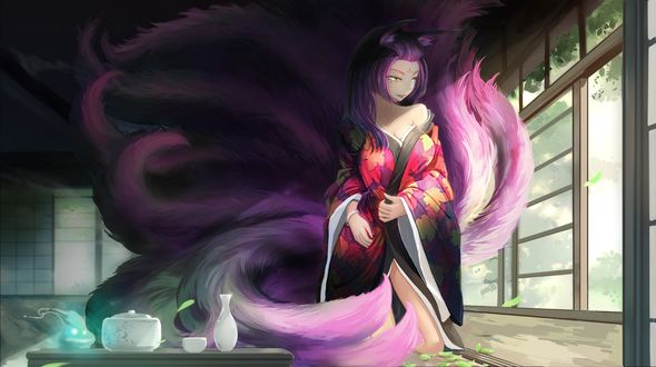 Обои на рабочий стол Ahri (the Nine-Tailed Fox) / Ари из игры League of Legends / Лига Легенд в кимоно, art by Kikivi