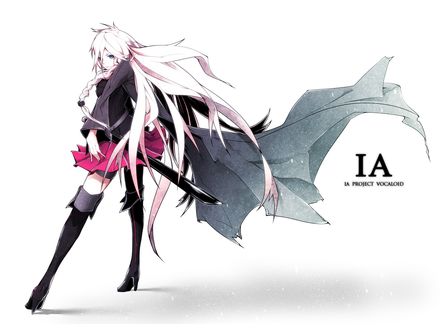 Обои на рабочий стол Vocaloid IA / Вокалоид Айа в развевающемся черном плаще, с катаной стоит на белом фоне