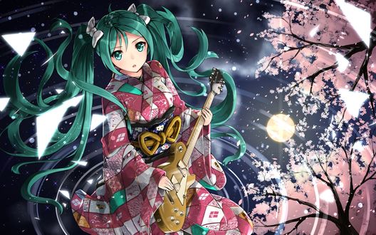 Обои на рабочий стол Vocaloid Hatsune Miku / Вокалоид Хатсуне Мику в кимоно с гитарой сидит вводе, любуясь цветушей сакурой при Луне, art by Neo Masterpeacer