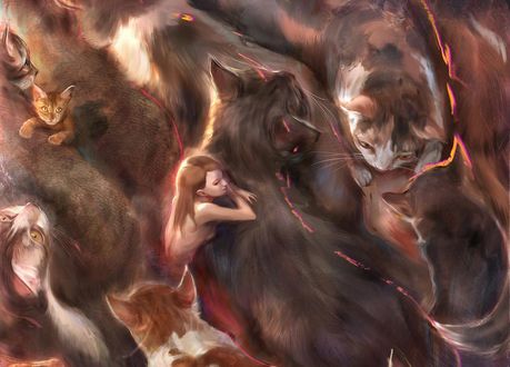 Обои на рабочий стол Девушка среди множества кошек, by ivangod
