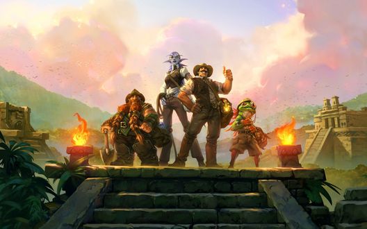 Обои на рабочий стол Герои игры The League of Explorers / Лига Исследователей: Гном, Эльфийка, человек и лягушка стоят на лестнице, на фоне пирамид Майя