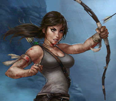 Обои на рабочий стол Лара Крофт / Lara Croft с луком в руке пускает стрелу, игра Tomb Raider / Расхитительница гробниц