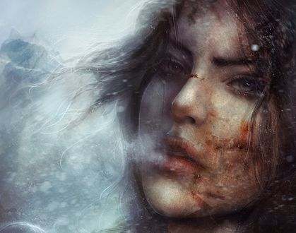 Обои на рабочий стол Лара Крофт / Lara Croft с израненным лицом в снежную пургу выдыхает пар, игра Tomb Raider / Расхитительница гробниц