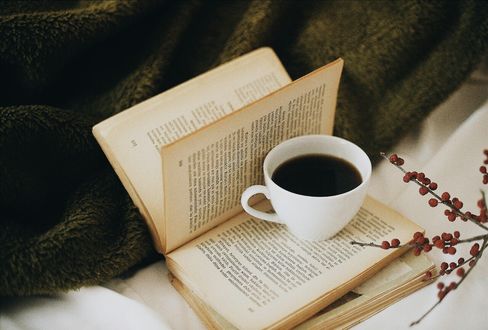 Обои на рабочий стол Чашка кофе стоит на открытой книге, лежащей на кровати с пледом, рядом веточка с красными ягодами