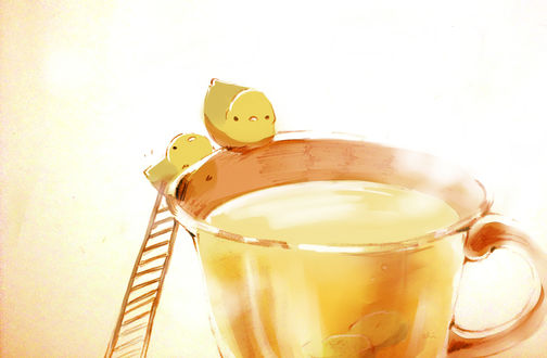 Обои на рабочий стол Птички-лимоны забираются в чашку чая с помощью лестницы