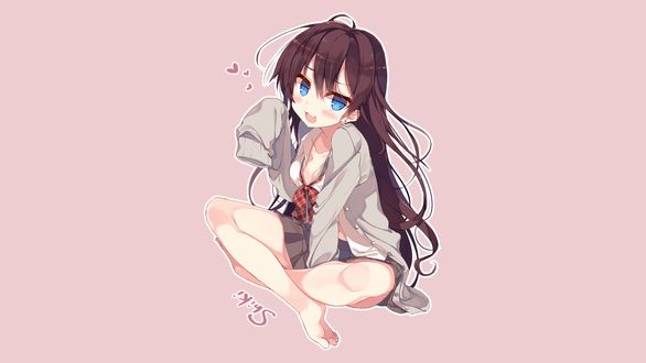 Обои на рабочий стол Ichinose Shiki / Шики Ичиносэ из аниме Idolmaster: Сinderella Girls / Идолмастер: Девушки-золушки, в школьной форме, сидит на розовом фоне с сердечками (Shiki / Шики)
