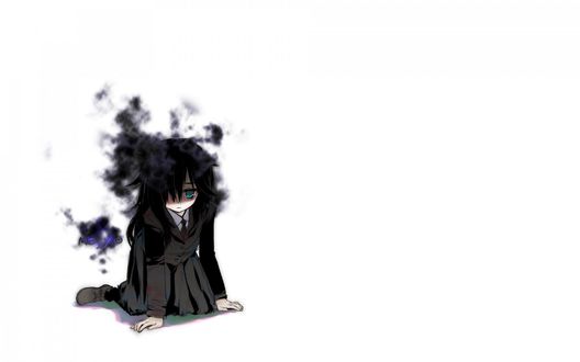 Обои на рабочий стол Kuroki Tomoko / Томоко Куроки сидит на полу, вокруг нее черный дым, Манга WataMote / Ватамотэ / Не моя вина, что я непопулярна! (Mojyo)