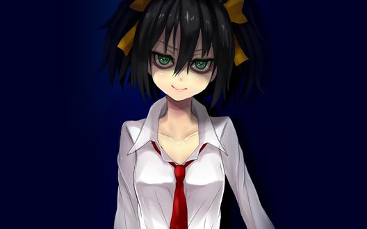 Обои на рабочий стол Kuroki Tomoko / Томоко Куроки с собранными в два хвостика волосами, в рубашке c красным галстуком, улыбается, Манга WataMote / Ватамотэ / Не моя вина, что я непопулярна!