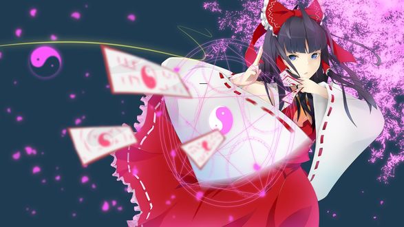 Обои на рабочий стол Reimu Hakurei / Рейму Хакурей с помощью пентаграммы использует магию, на фоне ночного неба и цветущей сакуры, из игры Проект Восток / Тохо / Touhou Project
