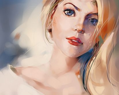 Обои на рабочий стол Синеглазая блондинка с улыбкой смотрит куда-то, Digital Art by Nguyen Thanh Nhan