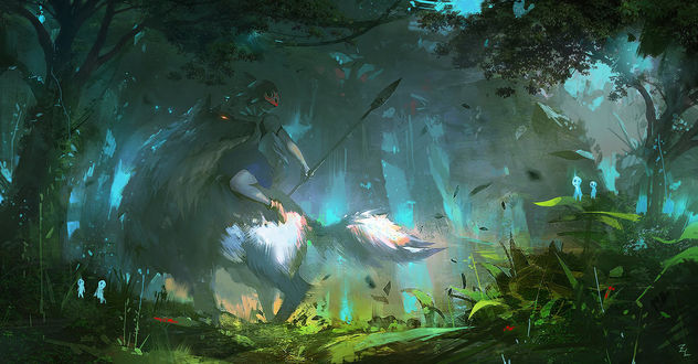 Обои на рабочий стол San / Сан и Moro / Моро из аниме Принцесса Мононокэ / Mononoke Hime, by Zudarts Lee