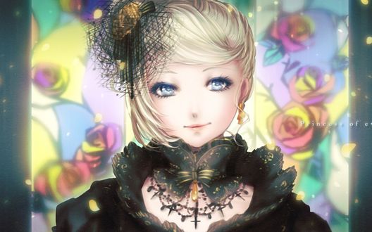 Обои на рабочий стол Вокалоид Кагаминэ Рин / Kagamine Rin в черном ажурном платье стоит у окна с разноцветными стеклами